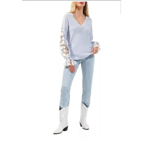 French Connection Caballo floral lace sleeve sweater in light blue size L - Picture 2 of 10